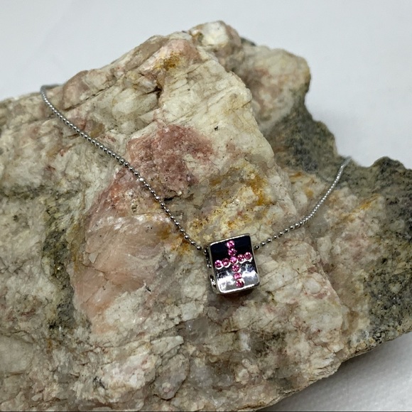 Silver Tone Ball Chain Pink Cross Slider Cube Pendant Necklace Very Sweet - Picture 3 of 7